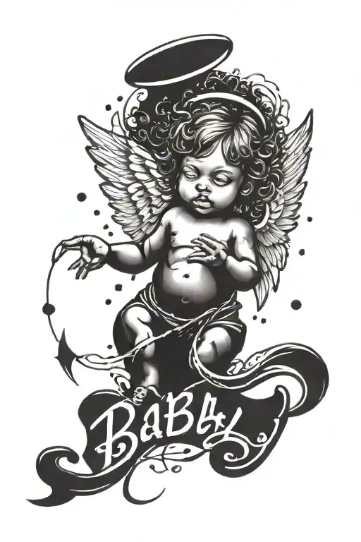 The Word Baby With Angel Designs Around It Luminous Points