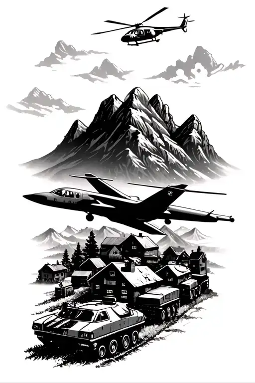 Fighter Jet Over Mountains And Helicopter Looking Over Military Vehicles In Village