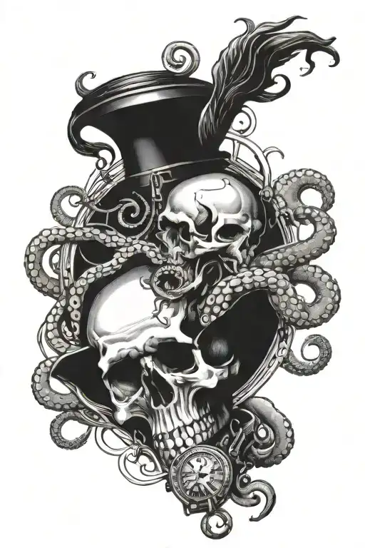 Octopus Wrapped Around A Pocketwatch And A Skull Wearing