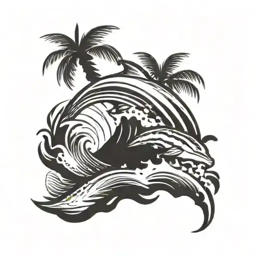 Dolphin With Wave And Palm Tree