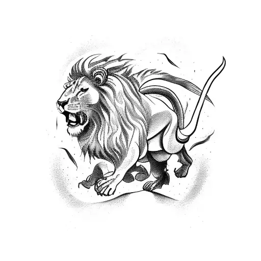 Lion And Bull And Scorpion Fighting