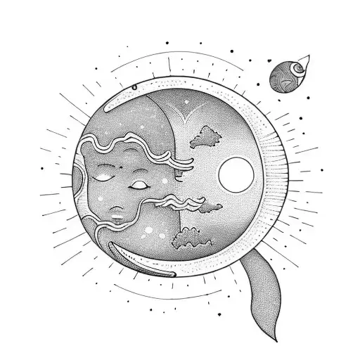 A Delicate Sun And Moon Kissing With A Pen And Book In A Blackwork Style