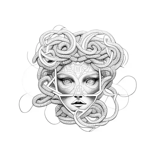 A Geometric Representation Of Medusa Intertwined With Vibrant Flowers