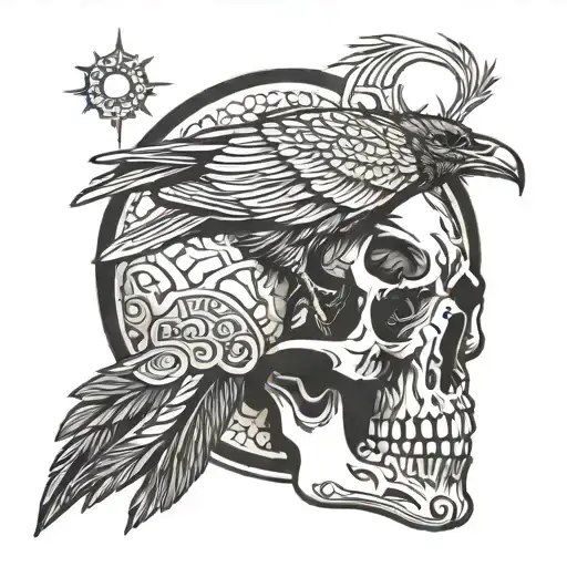 Raven Perched On Top Aztec Skull