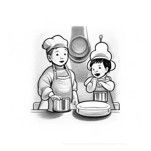A Little Boy And A Women In The Kitchen Seen From The Back Working In The Kitchen