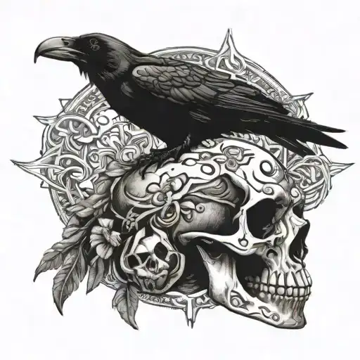 Raven Perched On Top Of Jaguar Skull