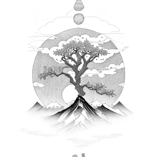 Tree Of Life With Mountain And Japanese Clouds