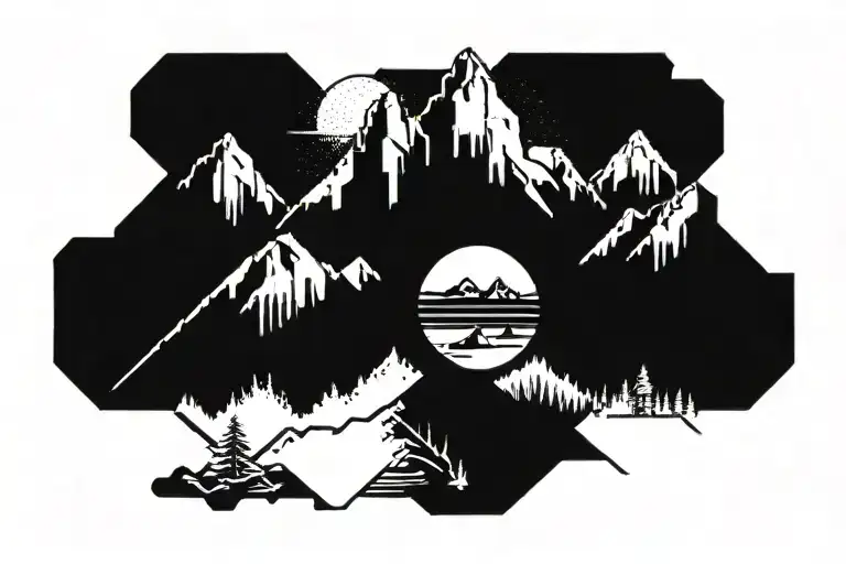 Pixelated Mountain Landscape With Cyber Sigilism
