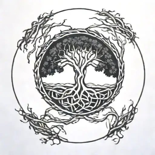 Tree Of Life With Roots And Branches Connected Forming A Circle Inside A Celtic Band