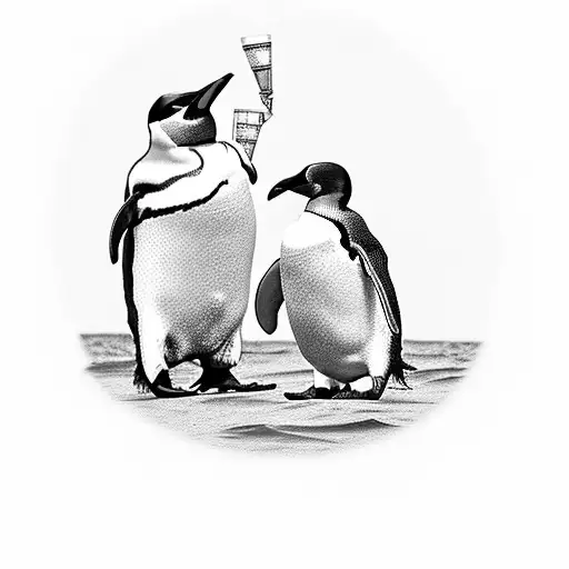 A Blackwork Tattoo Of A Penguin Dancing At A Beach Party