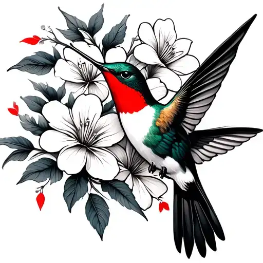 Hummingbirds Flowers In The Japanese Style Is Black Red