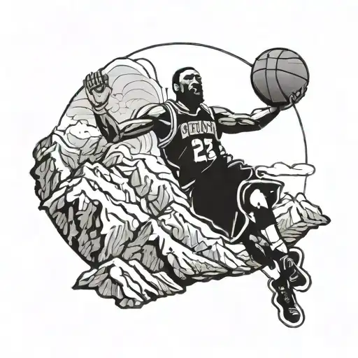 Lebron's Silhouette Dunking A Basketball Over A Mountain Range With A Cross In The Background