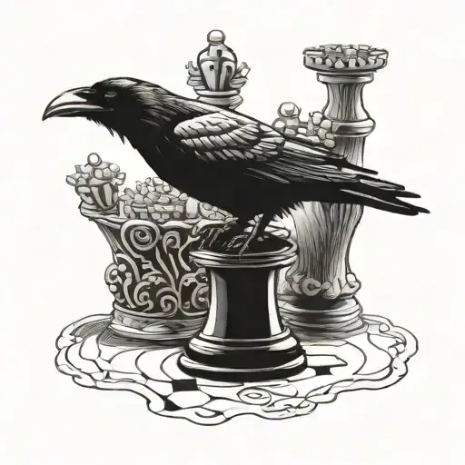 Raven Perched On Top Of Rook Chess Piece