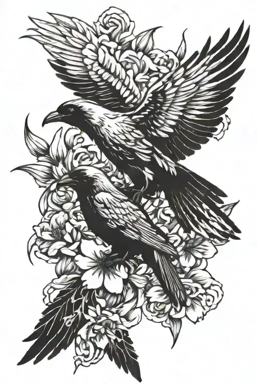 One Black Raven And One White Dove Flying And Lycoris Radiata