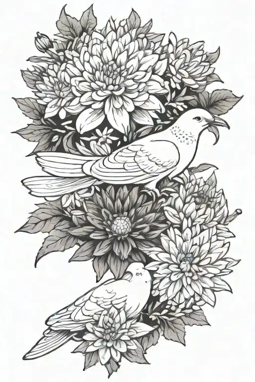 Chrysanthemum And Aster Flowers With Dove