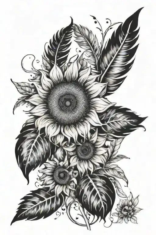 Sunflower And A Feather Cascading Watercolor Rainbows