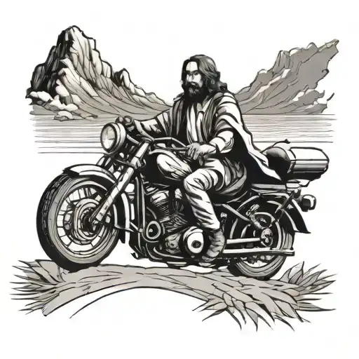 A Stylized Portrait Of Jesus Riding A Motorcycle Through A Heavenly Landscape