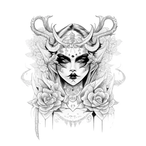 A Demon Girl With Intricate Makeup And Floral Accents