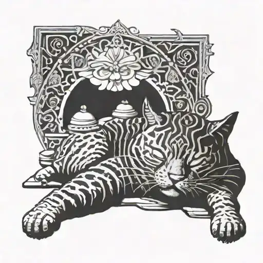 Cat Sleeping On The Status Of A Reclining Buddha