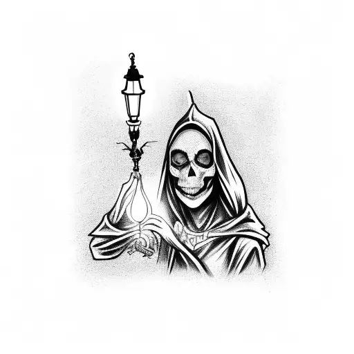 Beautiful Witch In A Black Hood Holding A Skull In One Hand And A Lamp In The Other