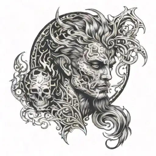 A Detailed Portrait Of Azazel Surrounded By Flames And Adorned With Intricate Metalwork