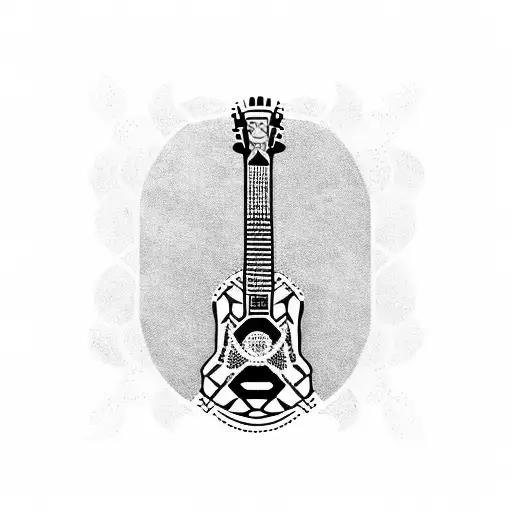 A Blackwork Tattoo Of A Guitar With Asian-inspired Patterns