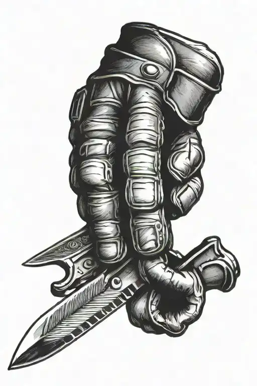 Hand In A Fingerless Glove Holds A Military Knife