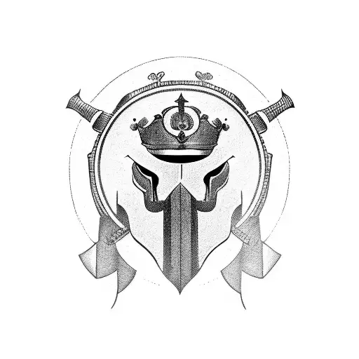 A Blackwork Tattoo Of A Military Helmet Adorned With Greek Mythological Symbols