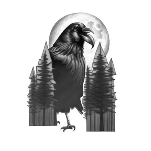 A Raven With A Full Moon Behind Its Head Surrounded By Trees