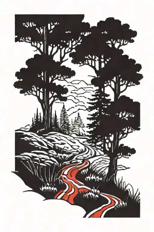 Trail Leads Through Red Wood Forest Scene