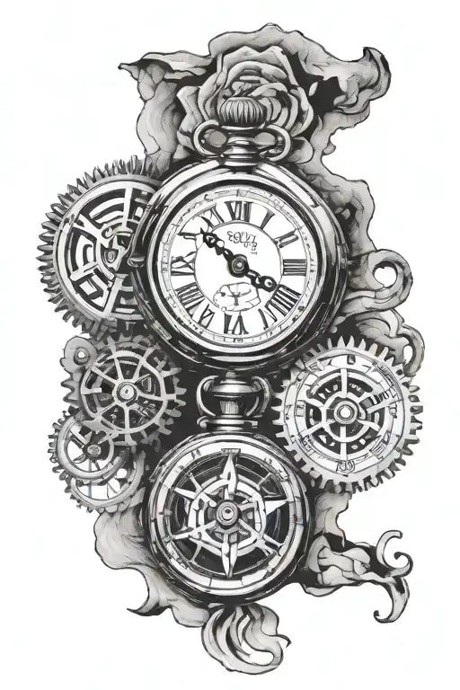 Pocket Watch Showing Gears With Compass With Map Behind And Date In Roman Numerals Forearm