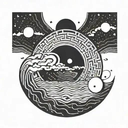 A Minimalist Design Featuring A Computer Circuit Intertwined With A Cosmic Moon And Ocean Waves