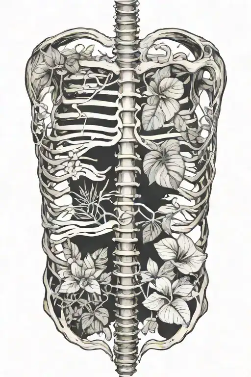 Anatomic Human Rib Cage And Spine With Tropical Plants Growing From Inside It