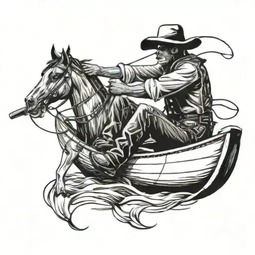 Cowboy On Canoe Roping A Tire
