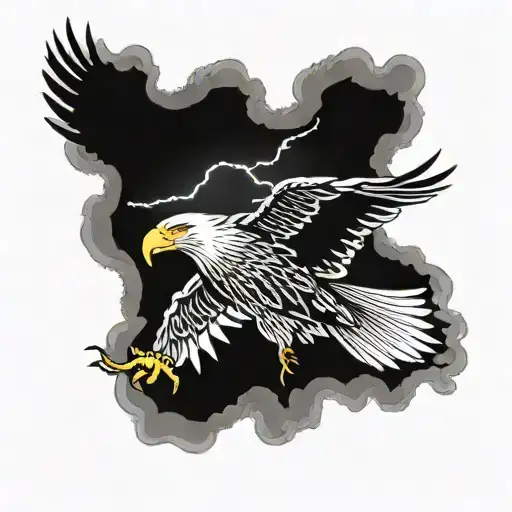 A White-tailed Eagle Flying Between Storm Clouds With Lightning Falling From Them