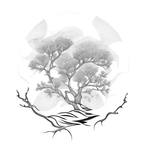 Small Abstract Peach With Branches With The Sea And Waves