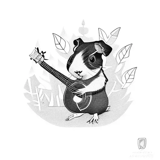 A Blackwork Tattoo Of A Guinea Pig Playing A Ukulele In A Forest