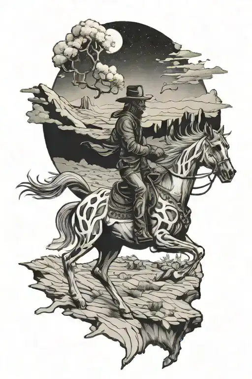 A Skeletal Cowboy Riding A Ghostly Horse Through A Desert Landscape
