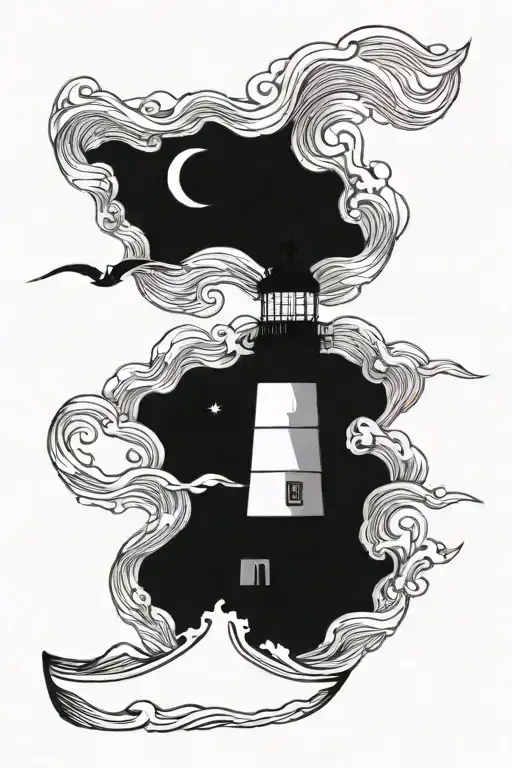 Lighthouse Sail Boat On Rough Sea During Stormy Night