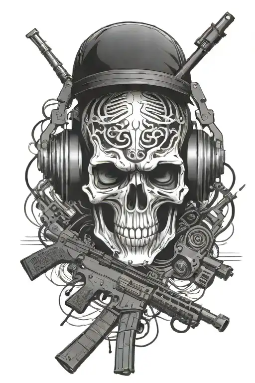 Cybernetic Skull Wearing Headphones With Two Rifles In X Military