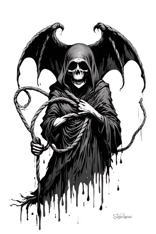Scary Blood Covered Grim Reaper Holding A Rope That Is Around A Ladies Neck