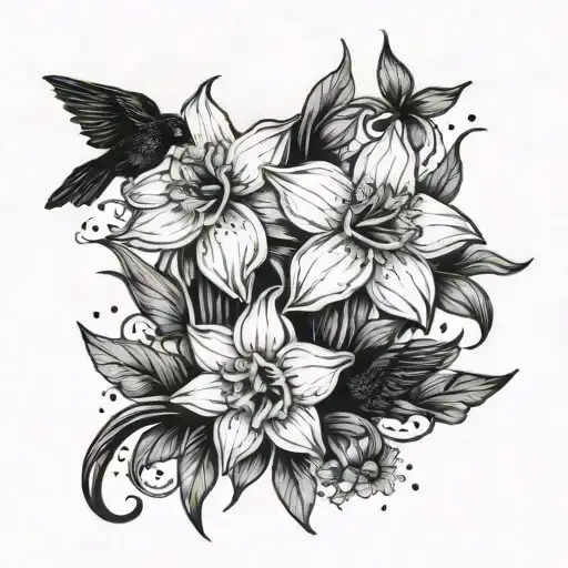 Dark Tattoo Art Goth Style Of Daffodils With A Small Raven And Stars In Black And White