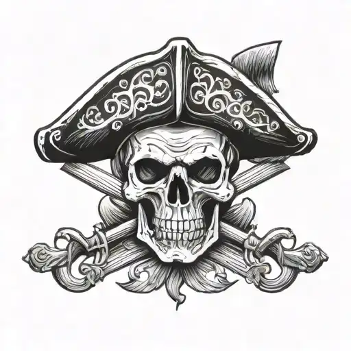 Pirate Skull With One Eyepatch With Oar And Trident Crrossed Behind