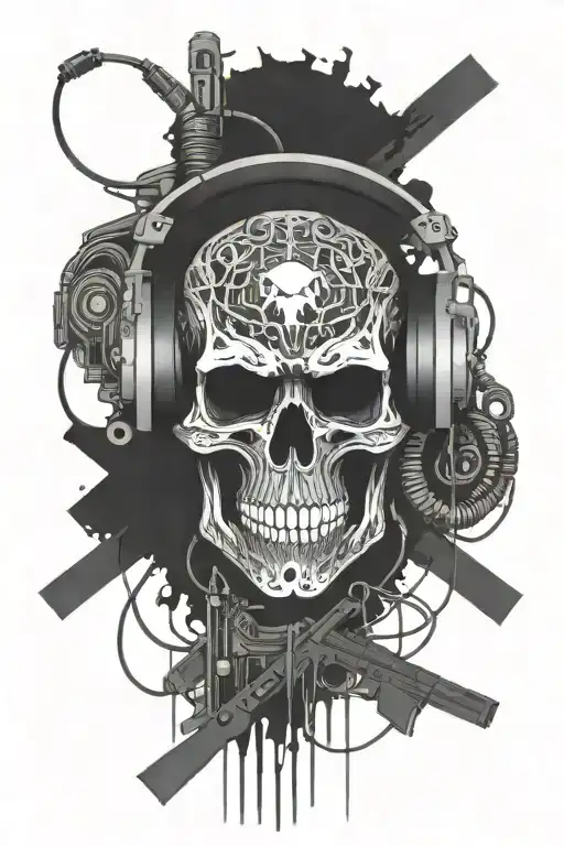 Cybernetic Circuit Skull Wearing Headphones With Rifles Crossbones Military