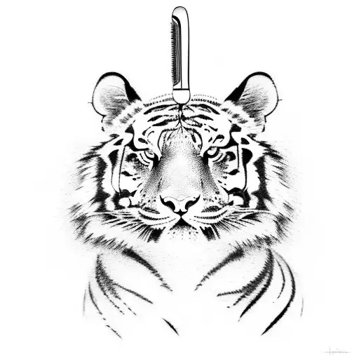 A Sketch-style Tattoo Of A Tiger With A Hairbrush And Scissors