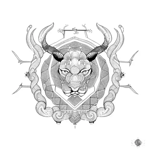 A Black-grey Tattoo Design Combining The Leo And Scorpio Zodiac Symbols In A Symmetrical Pattern