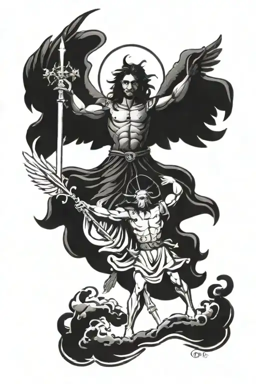 St Michael Casting Out Lucifer From Heaven With Cross Staff Simple