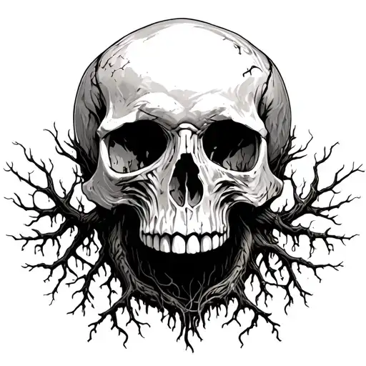 Skull With Tree Roots Growing From The Mouth Base