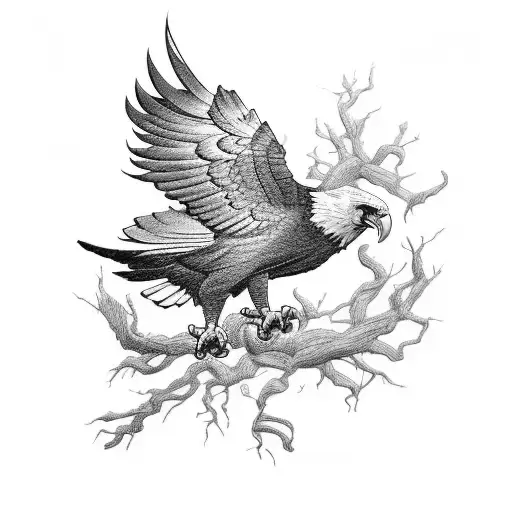 A Blackwork Tattoo Of A Majestic Eagle Perched On A Tree Branch