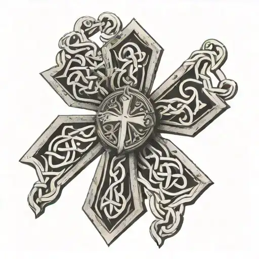 A Celtic Cross With Military Dog Tags Hanging From It